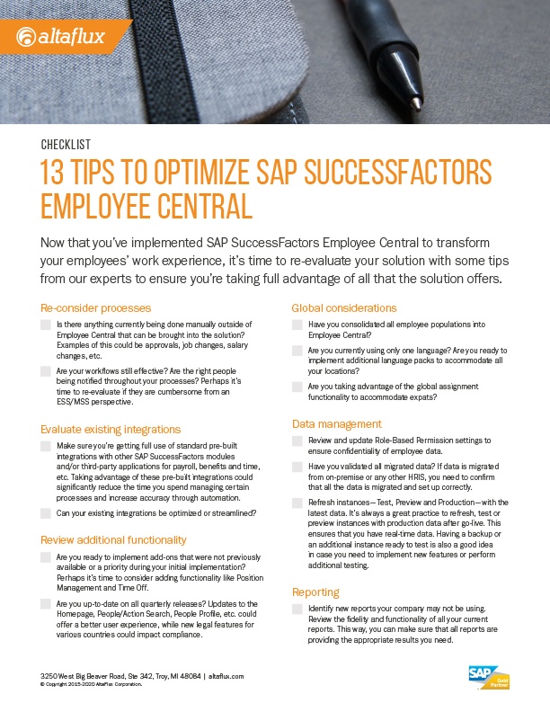 SuccessFactors Employee Central Optimization Checklist SuccessFactors Employee Central Optimization Checklist